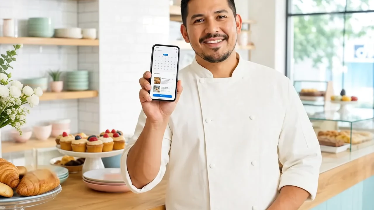 Restaurant owner presenting a mobile profile